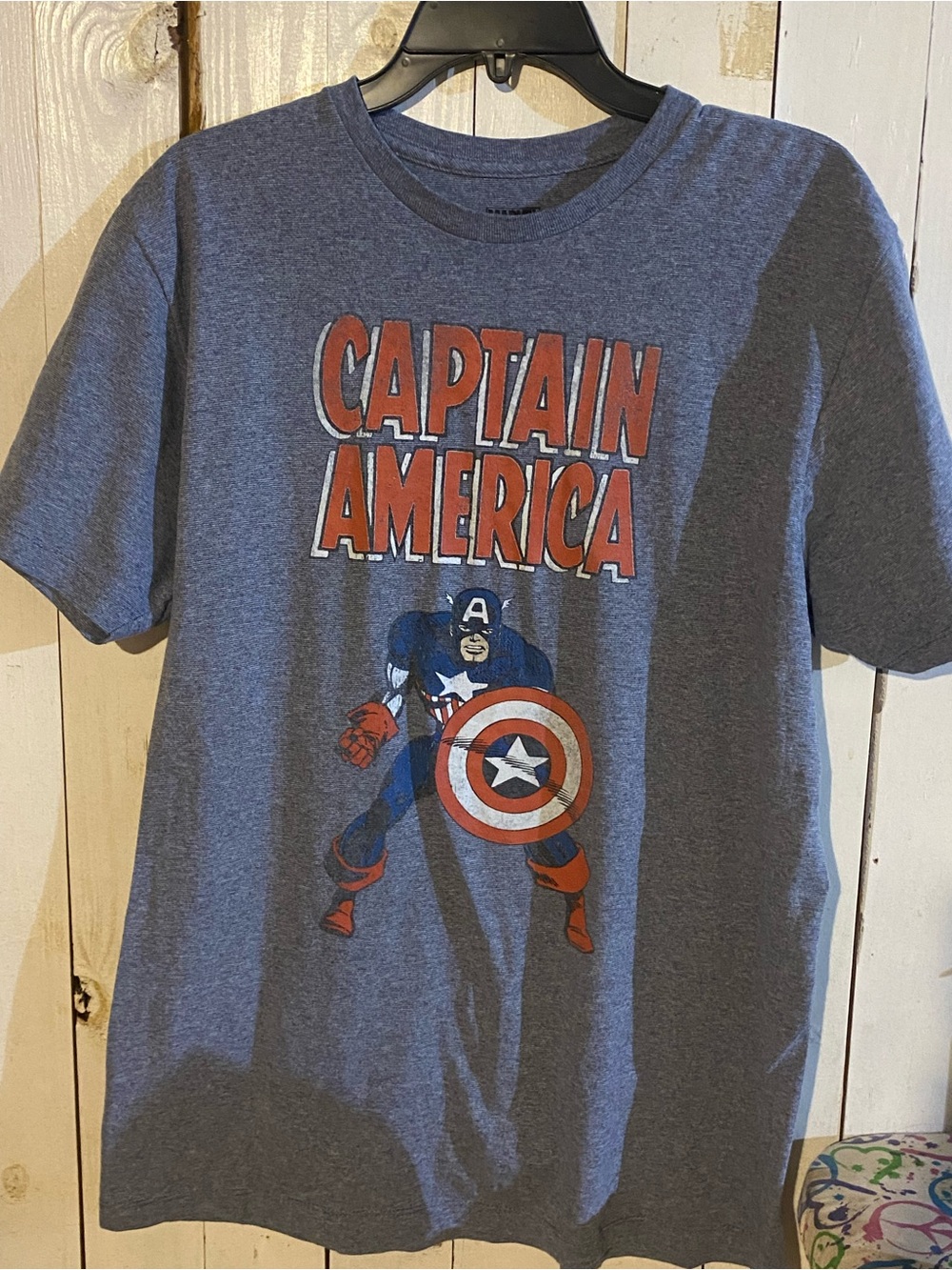 Marvel Captain America Short Sleeve Tee - Heather Blue with Red & White Print